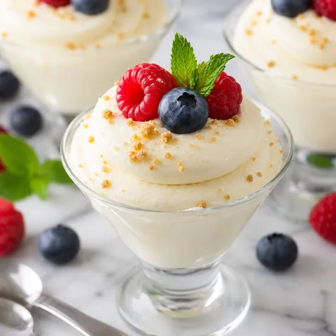 Lemon cheesecake mousse in a glass topped with berries and mint