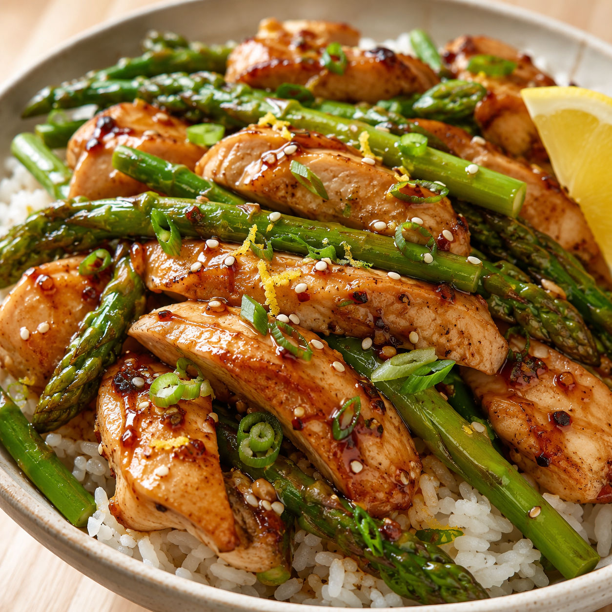 Lemon soy chicken with asparagus over rice and sesame seeds