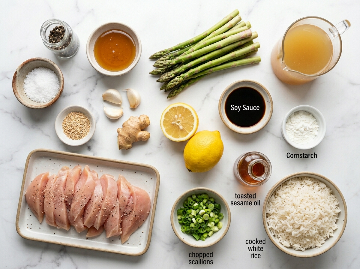 Ingredients for lemon soy chicken with asparagus on a wood surface
