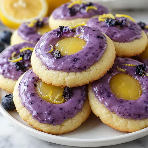 Lemon-filled cookies with blueberry icing and lemon curd centers