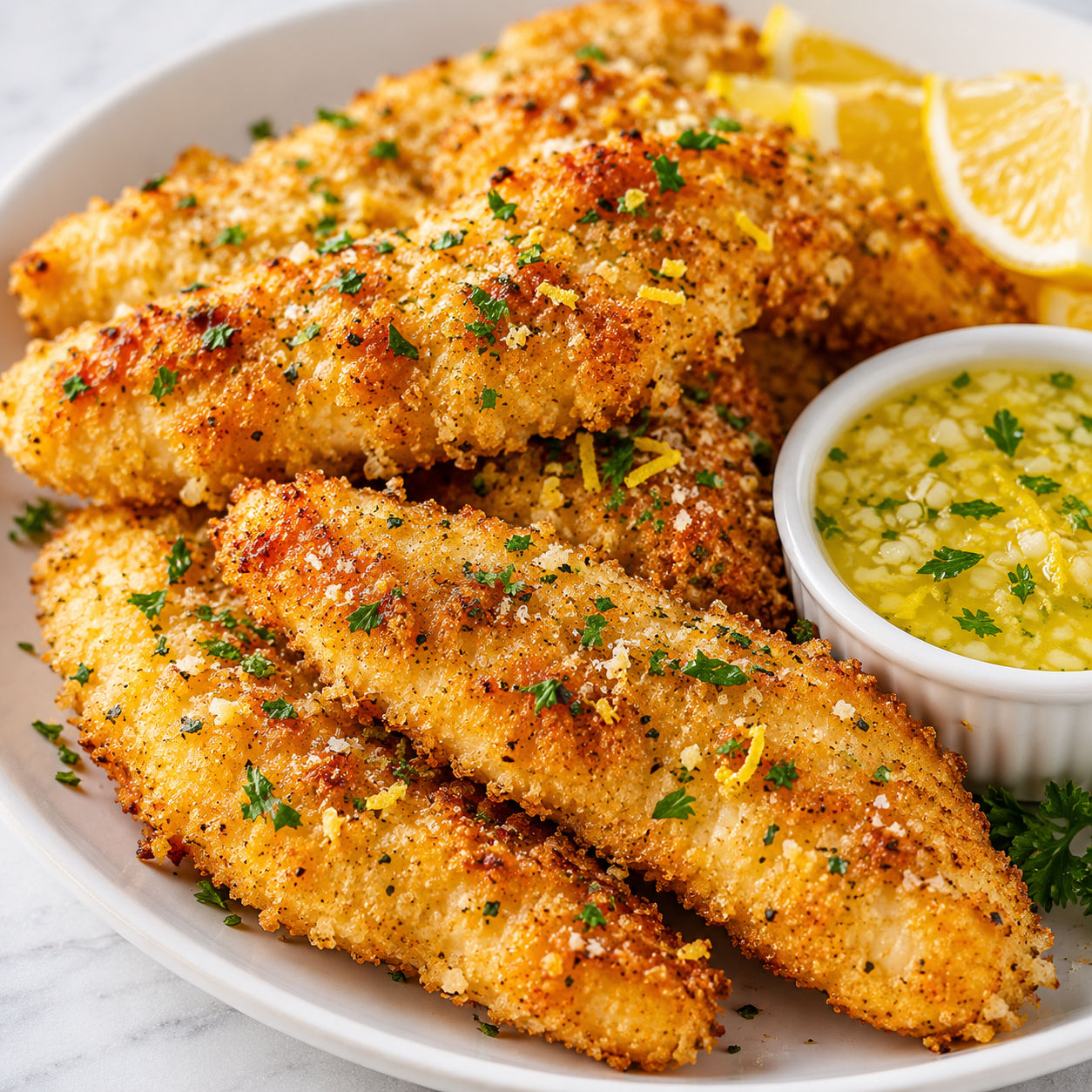 Lemon garlic parmesan chicken tenders stacked on a white plate with herbs