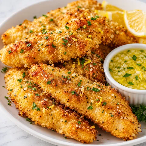 Lemon garlic parmesan chicken tenders stacked on a white plate with herbs