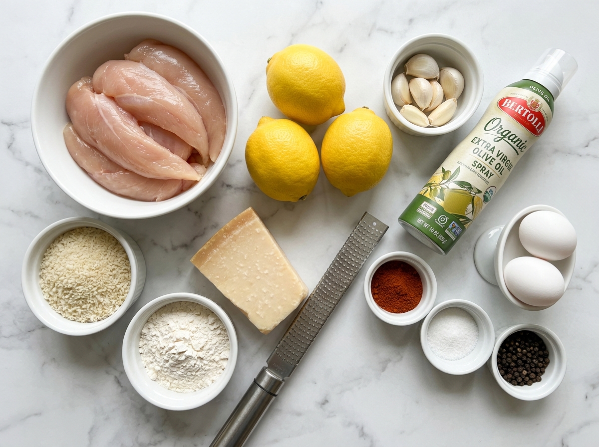 Raw ingredients for lemon garlic parmesan chicken tenders on a wooden board