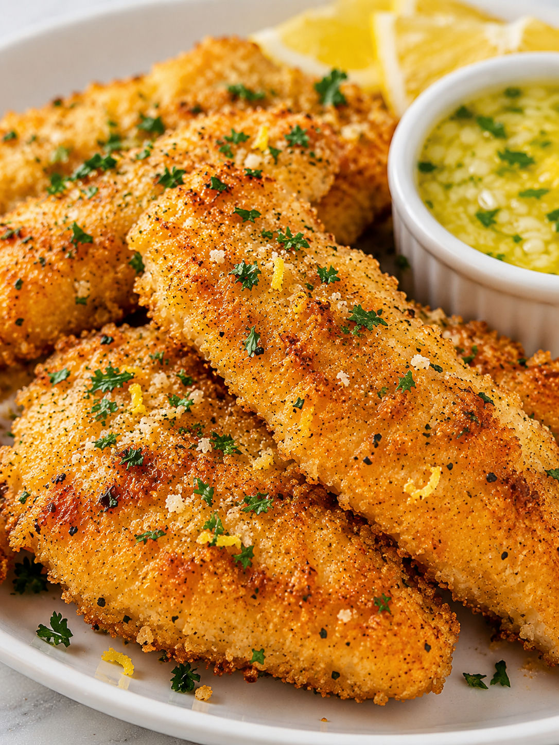 Lemon Garlic Parmesan Chicken Tenders, plated and served