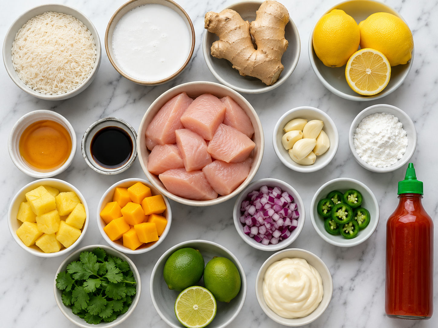 Ingredients for lemon ginger chicken with pineapple mango salsa