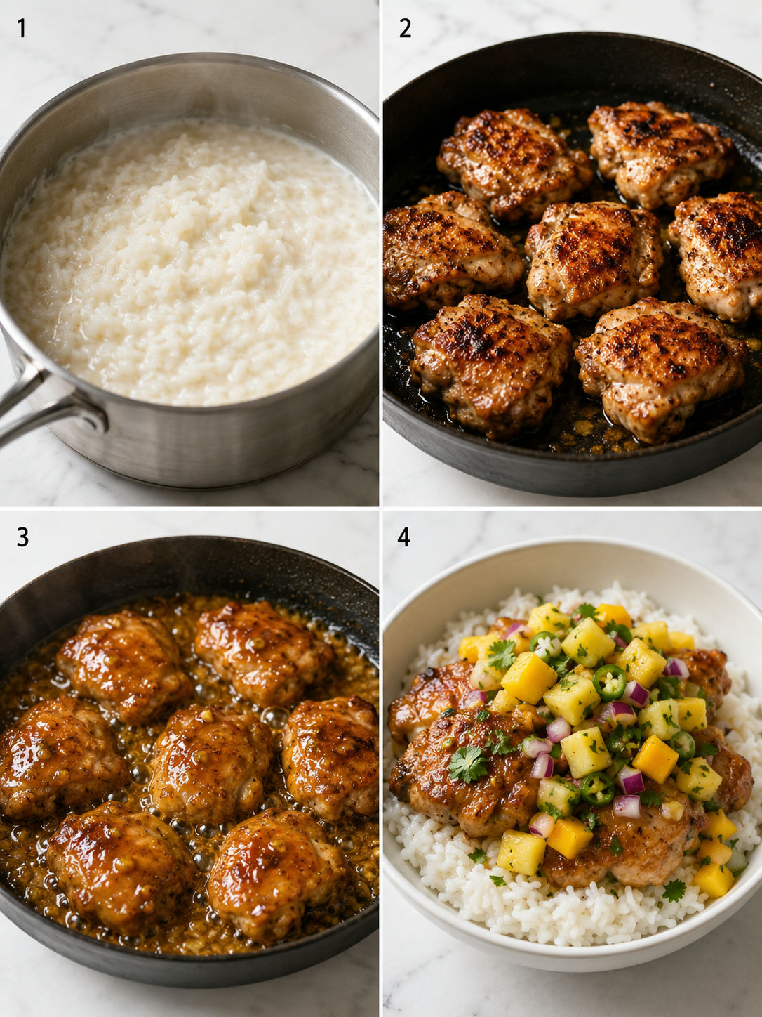 Four steps for making lemon ginger chicken bowls with fruit salsa