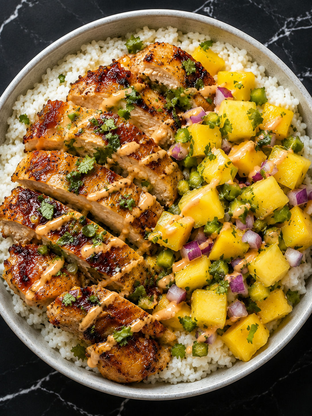Top-down lemon ginger chicken bowl with pineapple mango salsa