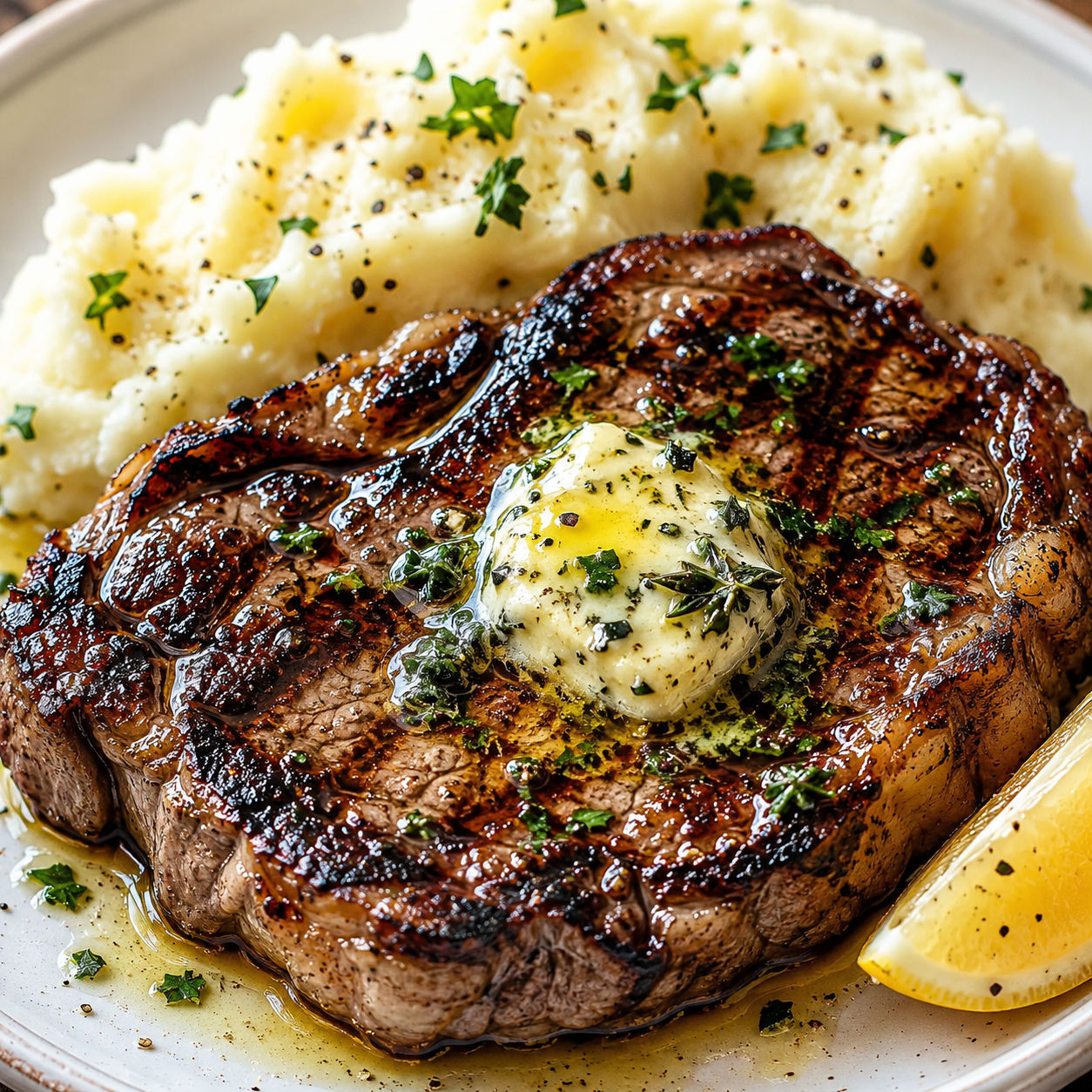 Lemon herb butter steak with fluffy mashed potatoes and parsley