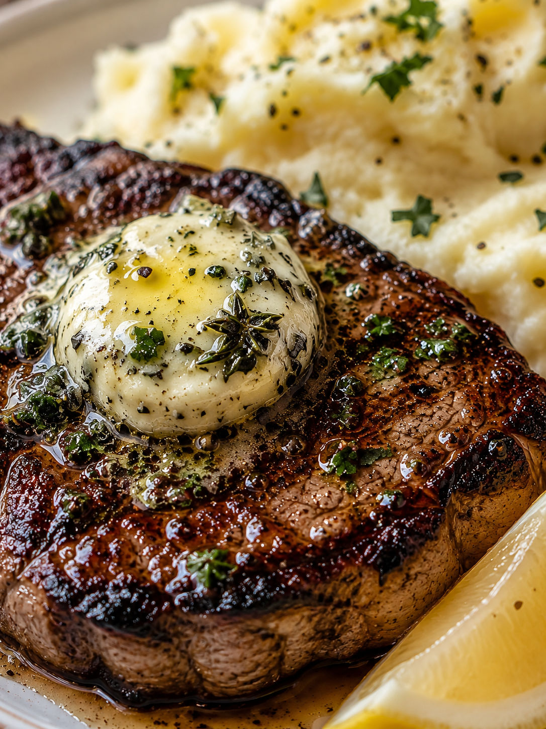 Lemon Herb Butter Steak with Mashed Potatoes, plated and served