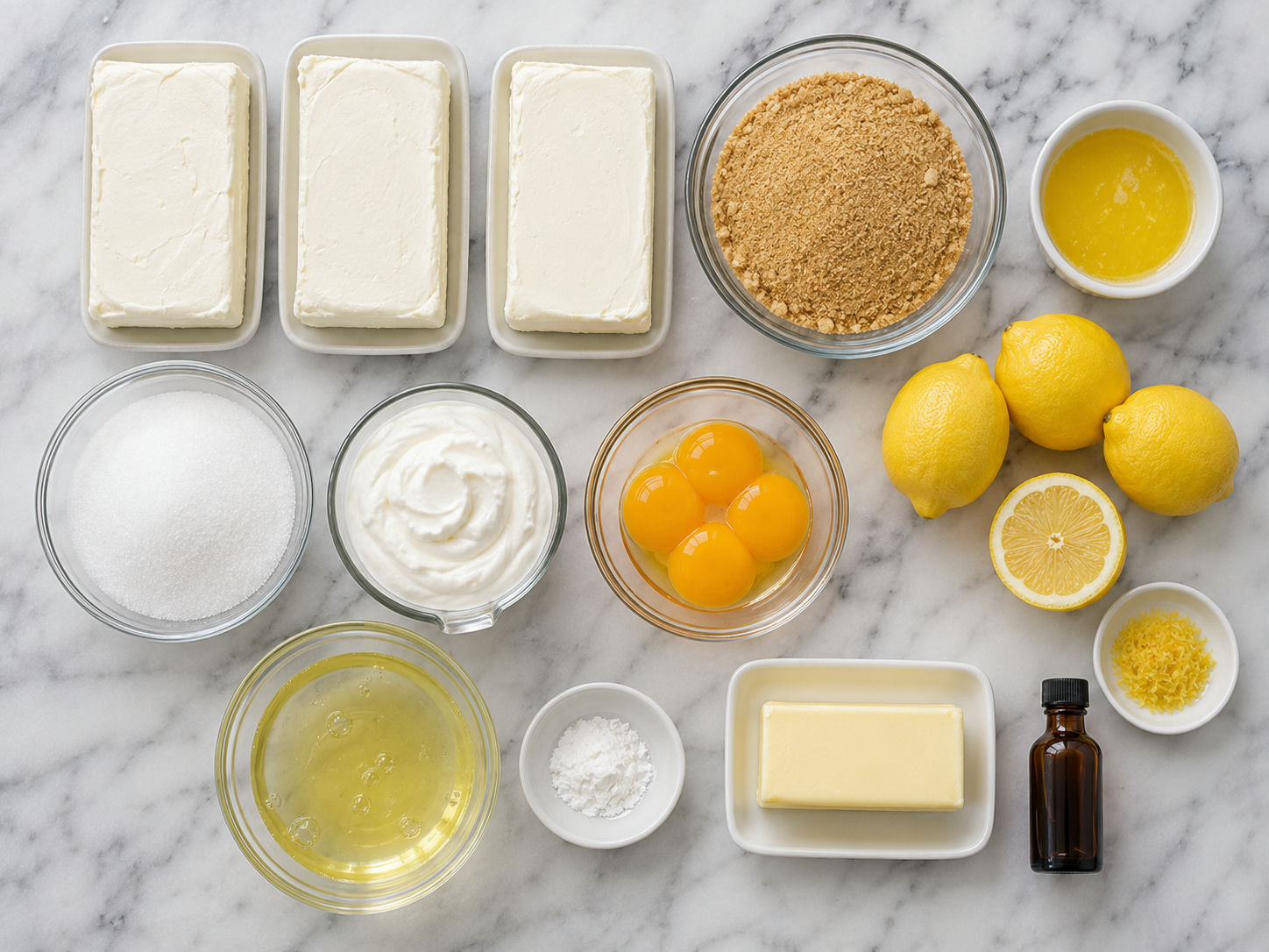 Raw ingredients for lemon meringue cheesecake grouped on a white marble surface