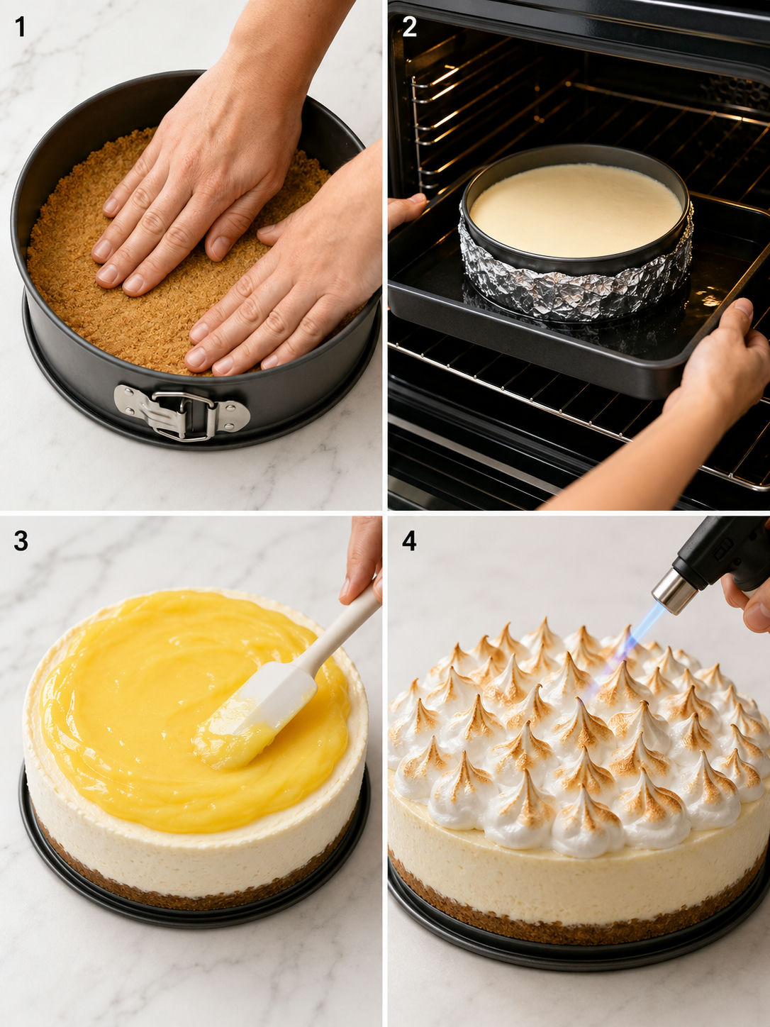 Four steps of making lemon meringue cheesecake from pressing crust to torching meringue