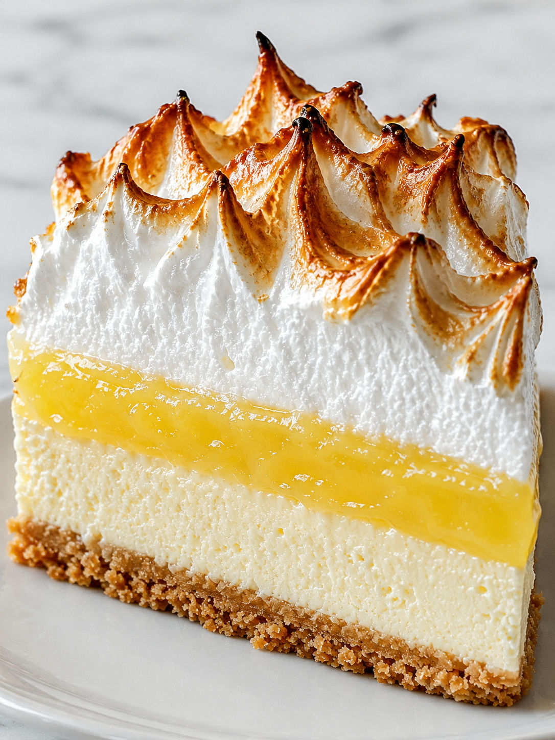 Lemon meringue cheesecake slice with toasted peaks and glossy lemon curd layer