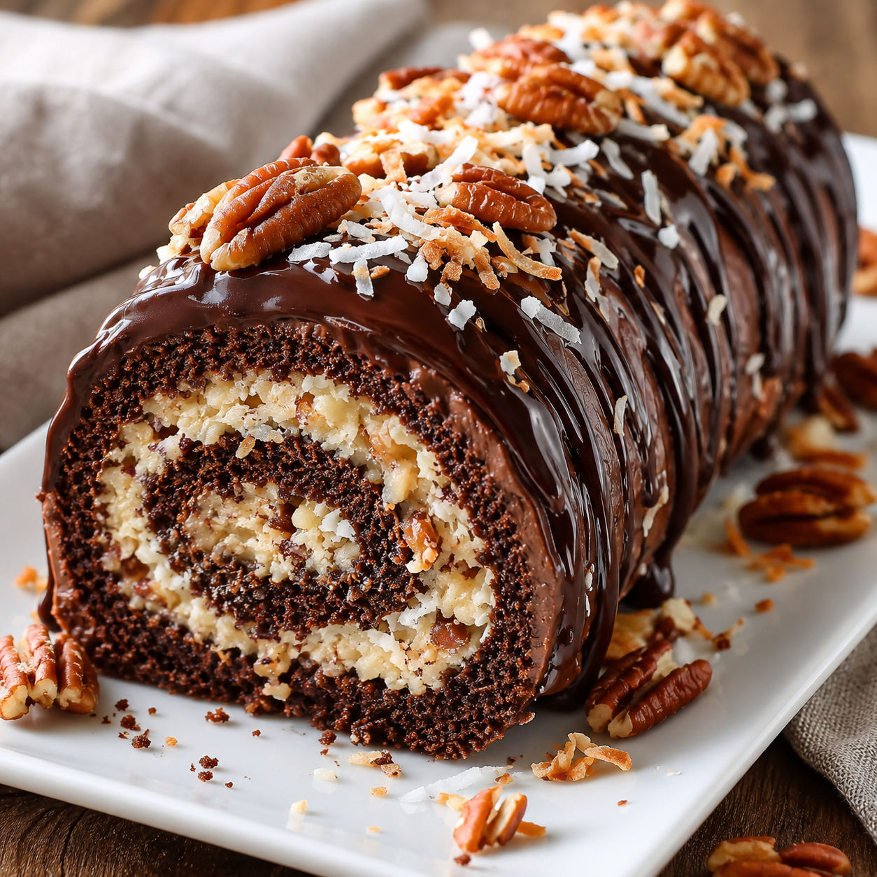 Chocolate Swiss roll with coconut-pecan filling and glossy ganache