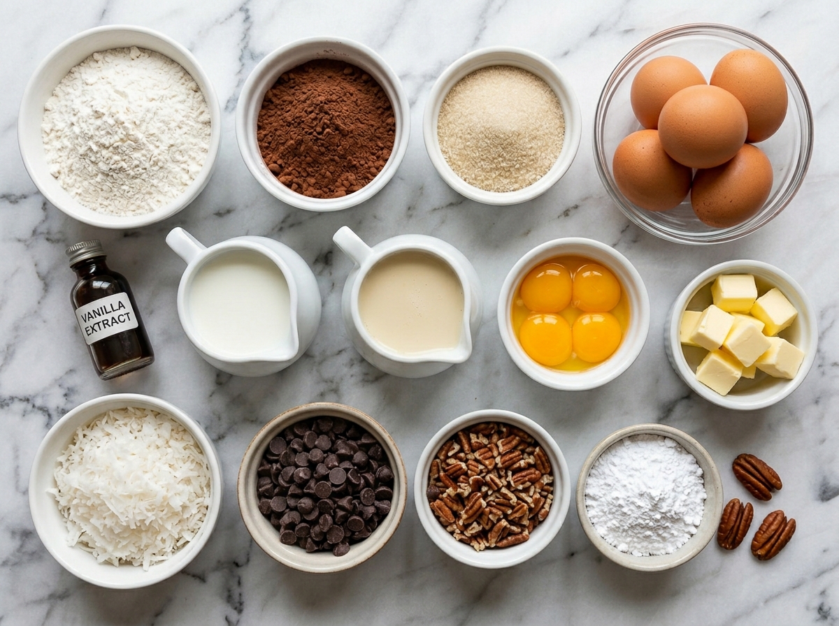 Ingredients for chocolate Swiss roll with coconut, pecans, and ganache