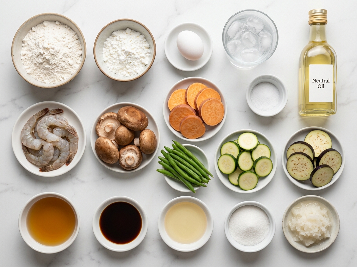 Tempura batter ingredients with shrimp, vegetables, egg, flour, and ice water