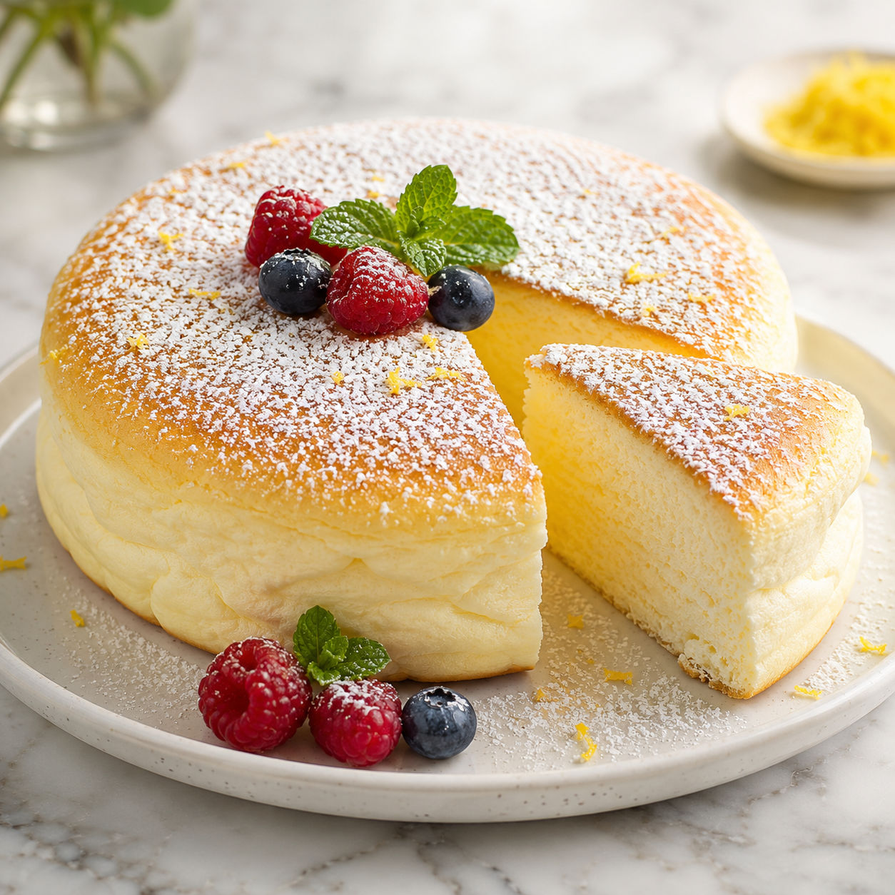 Yogurt cloud cake slice with powdered sugar, berries, and mint