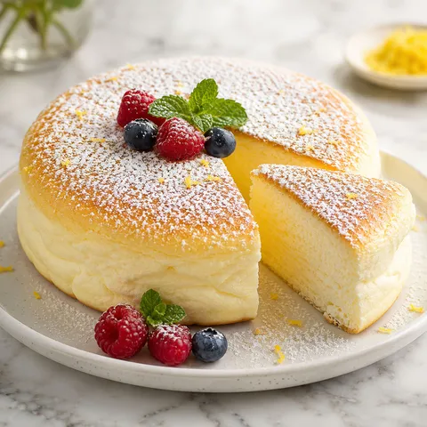 Yogurt cloud cake slice with powdered sugar, berries, and mint
