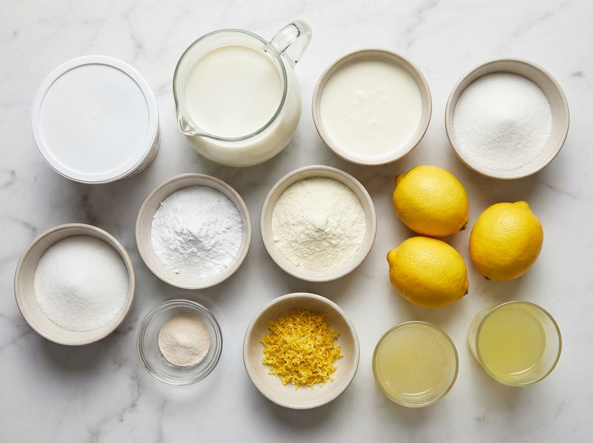 Ingredients for limoncello lemon gelato with creme fraiche and lemons