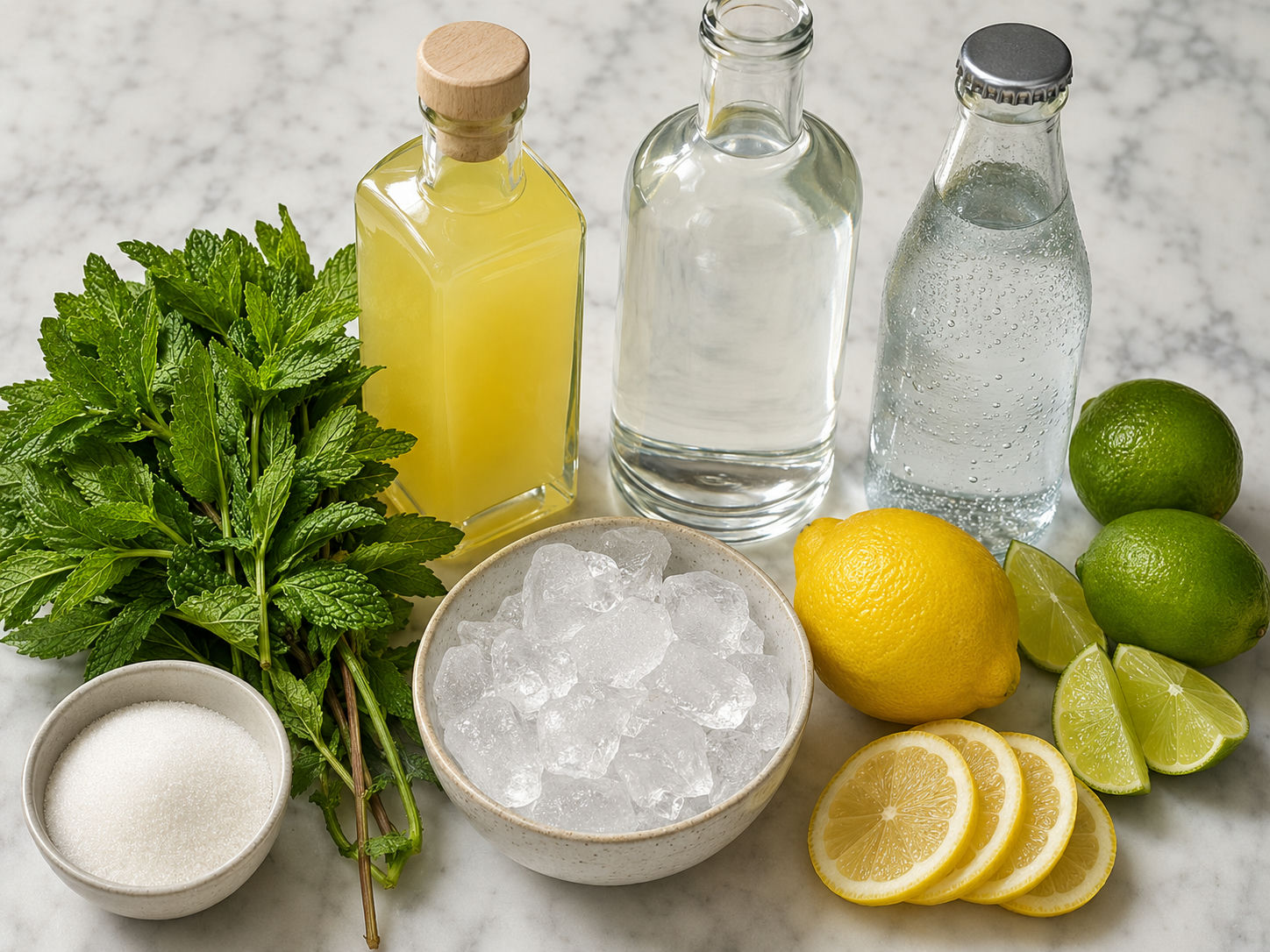 Mint, citrus, rum, limoncello, sugar, soda, and ice for mojitos