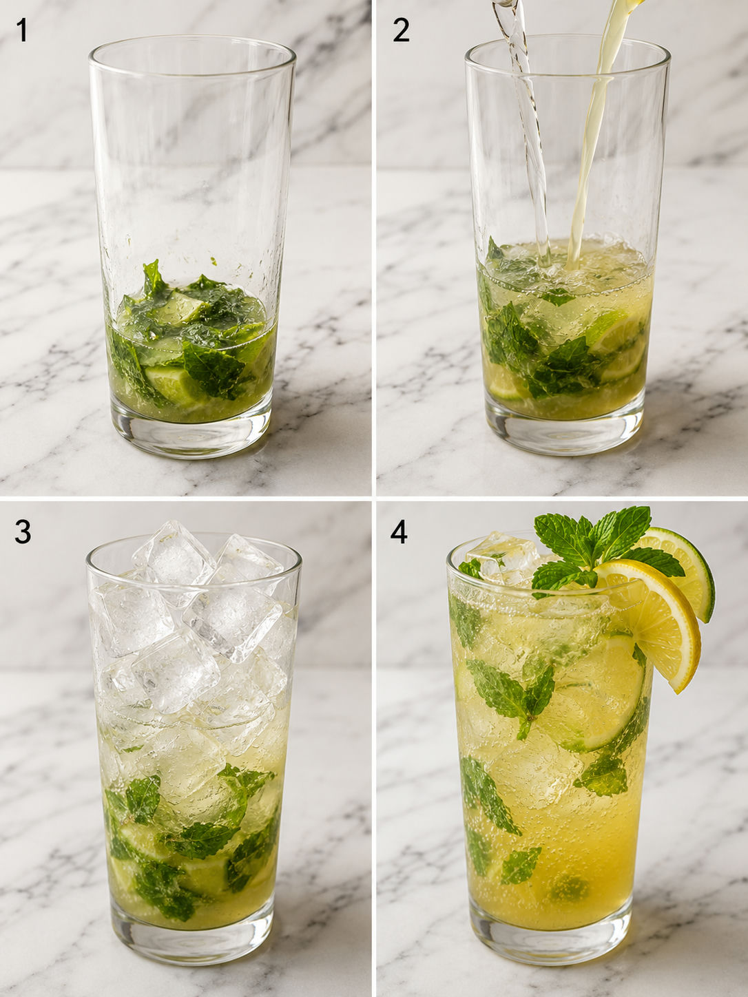 Four steps for mixing a Limoncello Mojito with mint and citrus