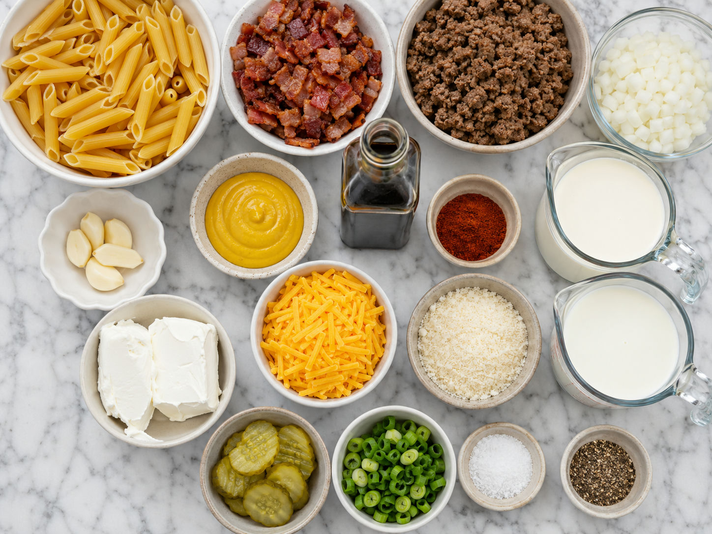 Ingredients for bacon cheeseburger Alfredo pasta with beef, bacon, cheese, and pickles