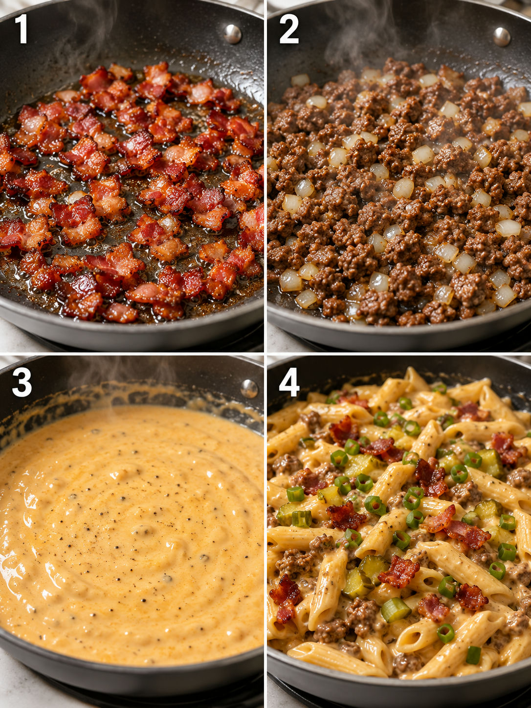 Four cooking steps for loaded bacon cheeseburger Alfredo pasta