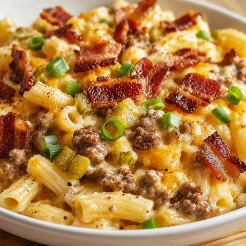 Loaded bacon cheeseburger Alfredo pasta with cheddar, pickles, and bacon