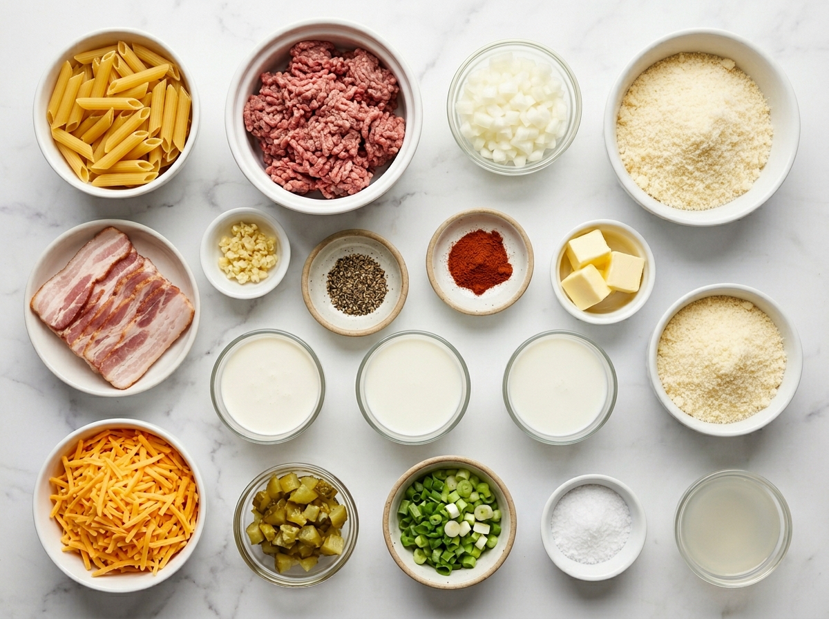 Ingredients for loaded bacon cheeseburger Alfredo pasta on a wooden surface