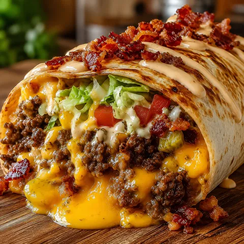 Loaded bacon cheeseburger burrito with beef, bacon, queso, lettuce, and pickles