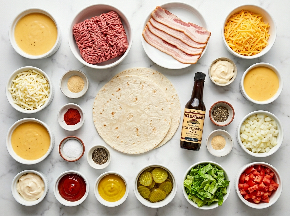 Ingredients for bacon cheeseburger burritos with beef, bacon, cheese, and toppings