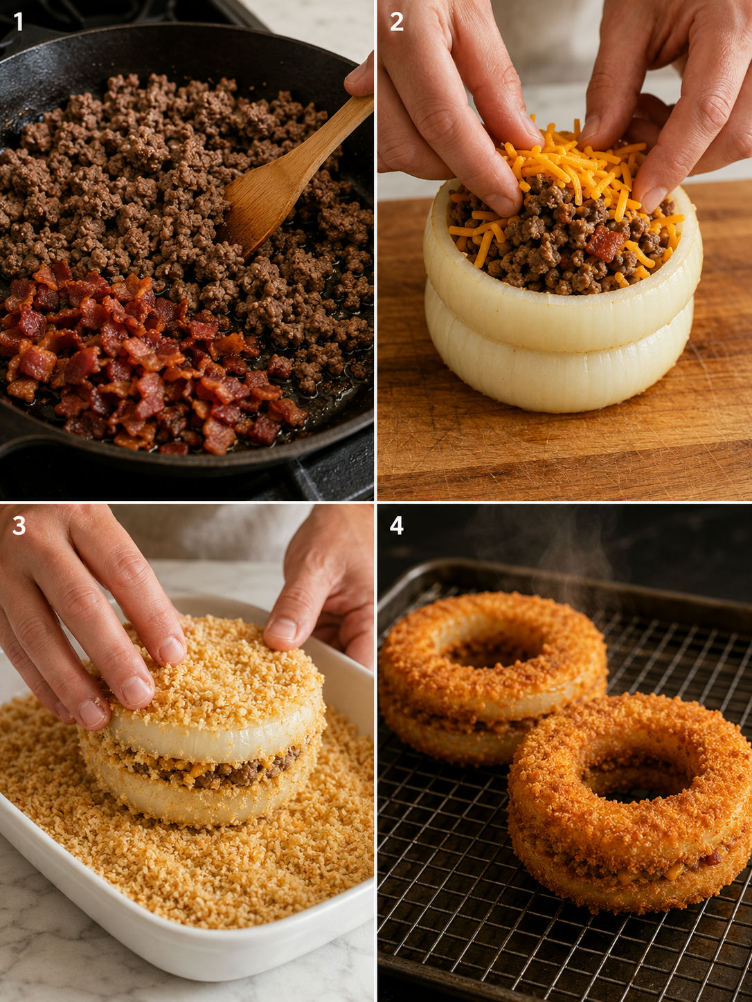 Four step-by-step panels showing how to make loaded bacon cheeseburger onion rings from browning beef to golden fried rings