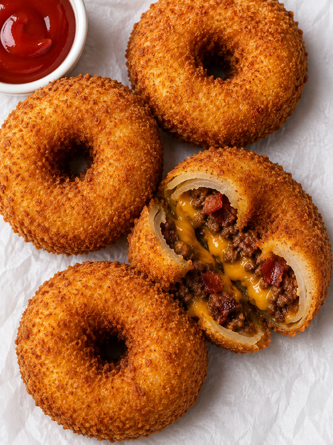 Overhead loaded bacon cheeseburger onion rings with one torn open revealing melted cheddar and seasoned beef filling