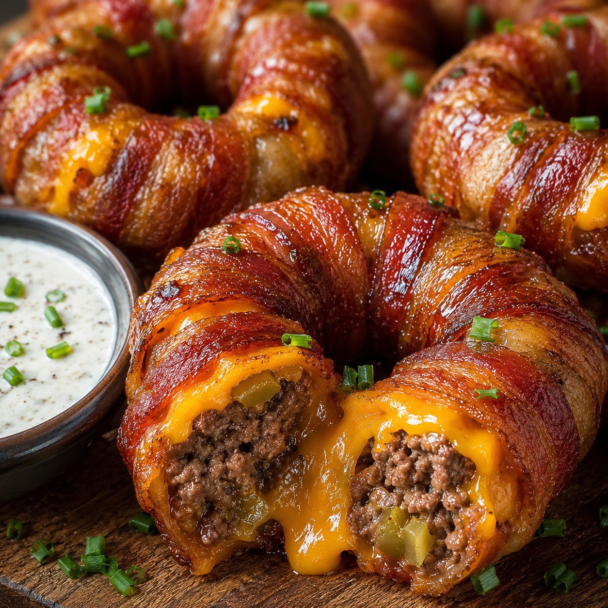 Bacon cheeseburger onion rings with cheddar, pickles, and ranch dip