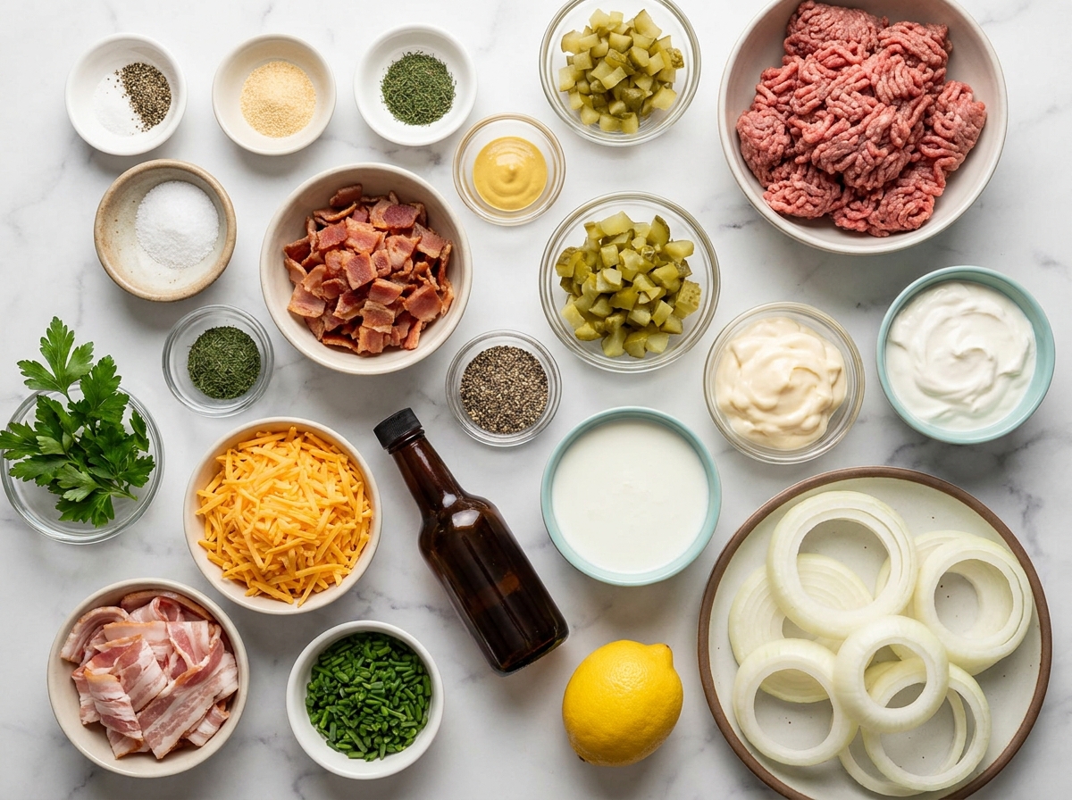 Ingredients for bacon cheeseburger onion rings and ranch dip