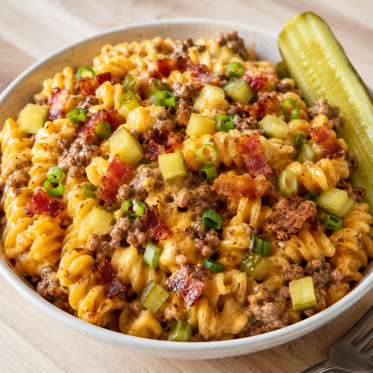 Loaded bacon cheeseburger pasta with cheddar sauce, bacon, pickles, and green onions