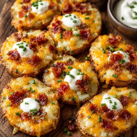 Loaded baked potato rounds with melted cheese, bacon, sour cream, and chives