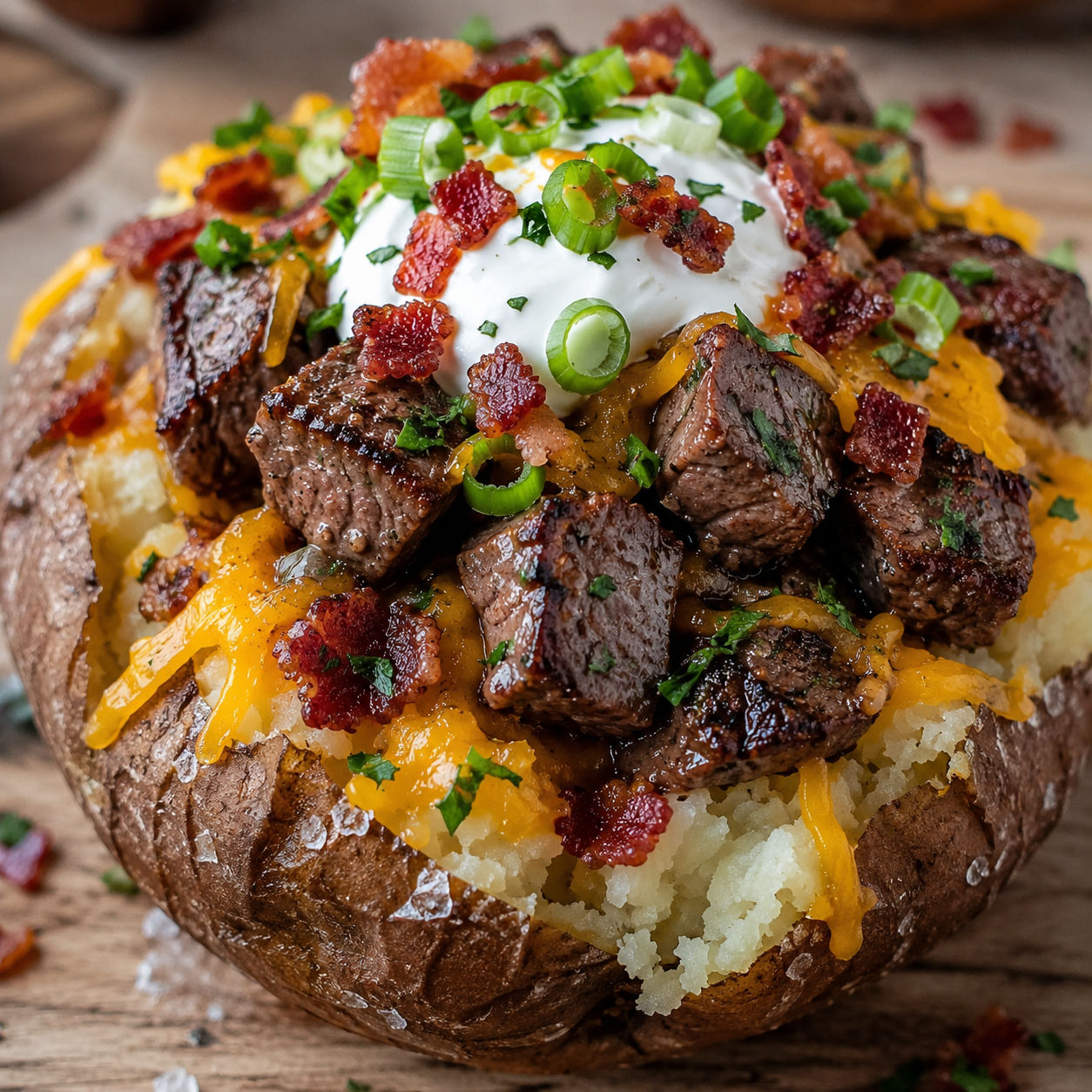 Loaded baked potato with steak bites, cheddar, bacon, sour cream, and green onions