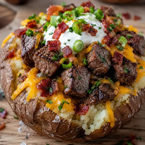 Loaded baked potato with steak bites, cheddar, bacon, sour cream, and green onions