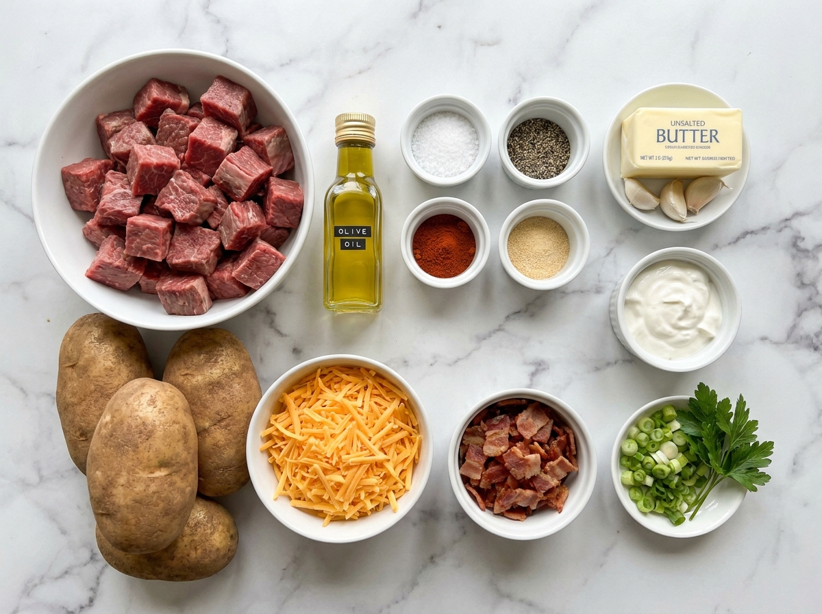 Ingredients for loaded baked potatoes with steak, cheddar, bacon, and sour cream