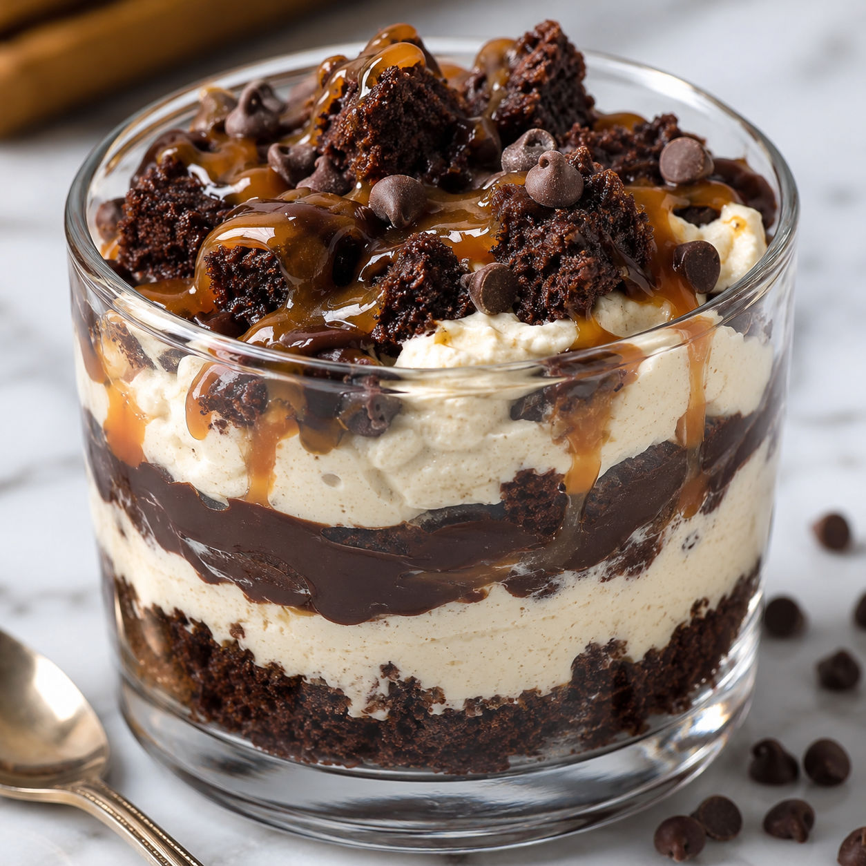 Loaded brownie cheesecake cup with ganache, caramel, and brownie crumbs