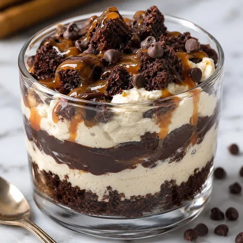 Loaded brownie cheesecake cup with ganache, caramel, and brownie crumbs