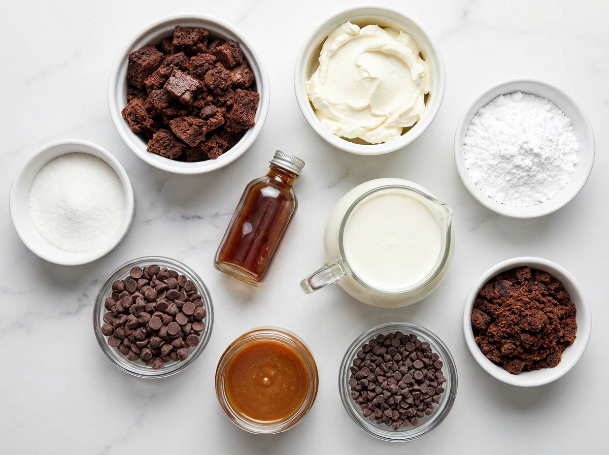 Ingredients for loaded brownie cheesecake cups on a marble counter