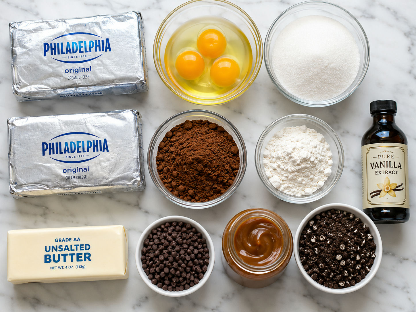 Raw ingredients for brownie cheesecake cups on a marble surface