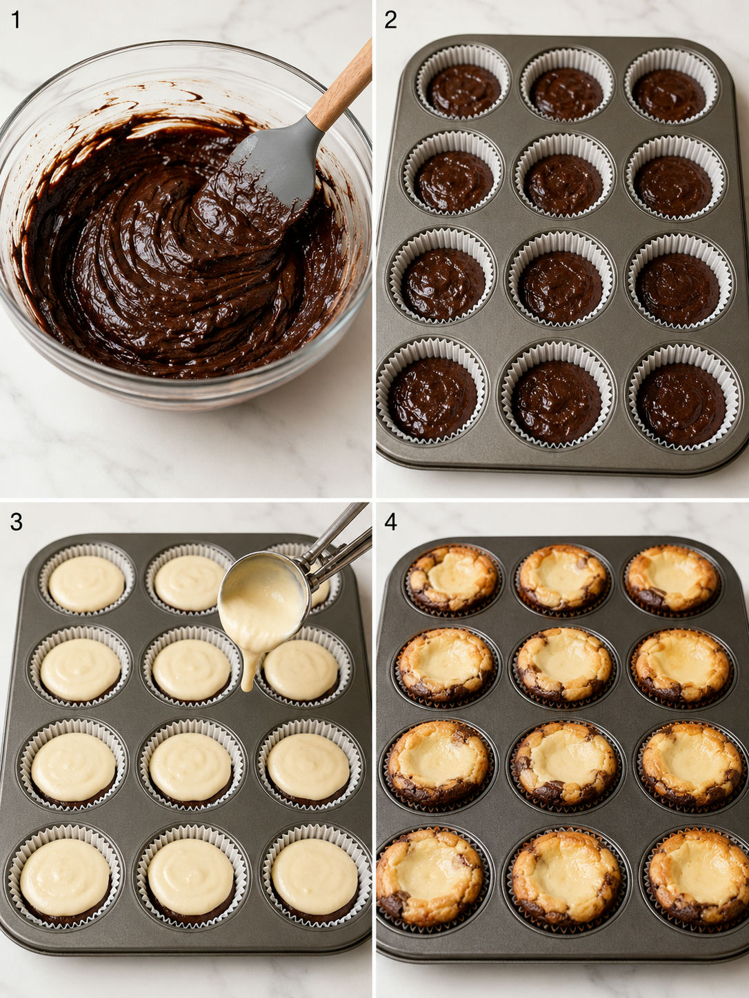 Four steps of making brownie cheesecake cups from batter mixing to baked result