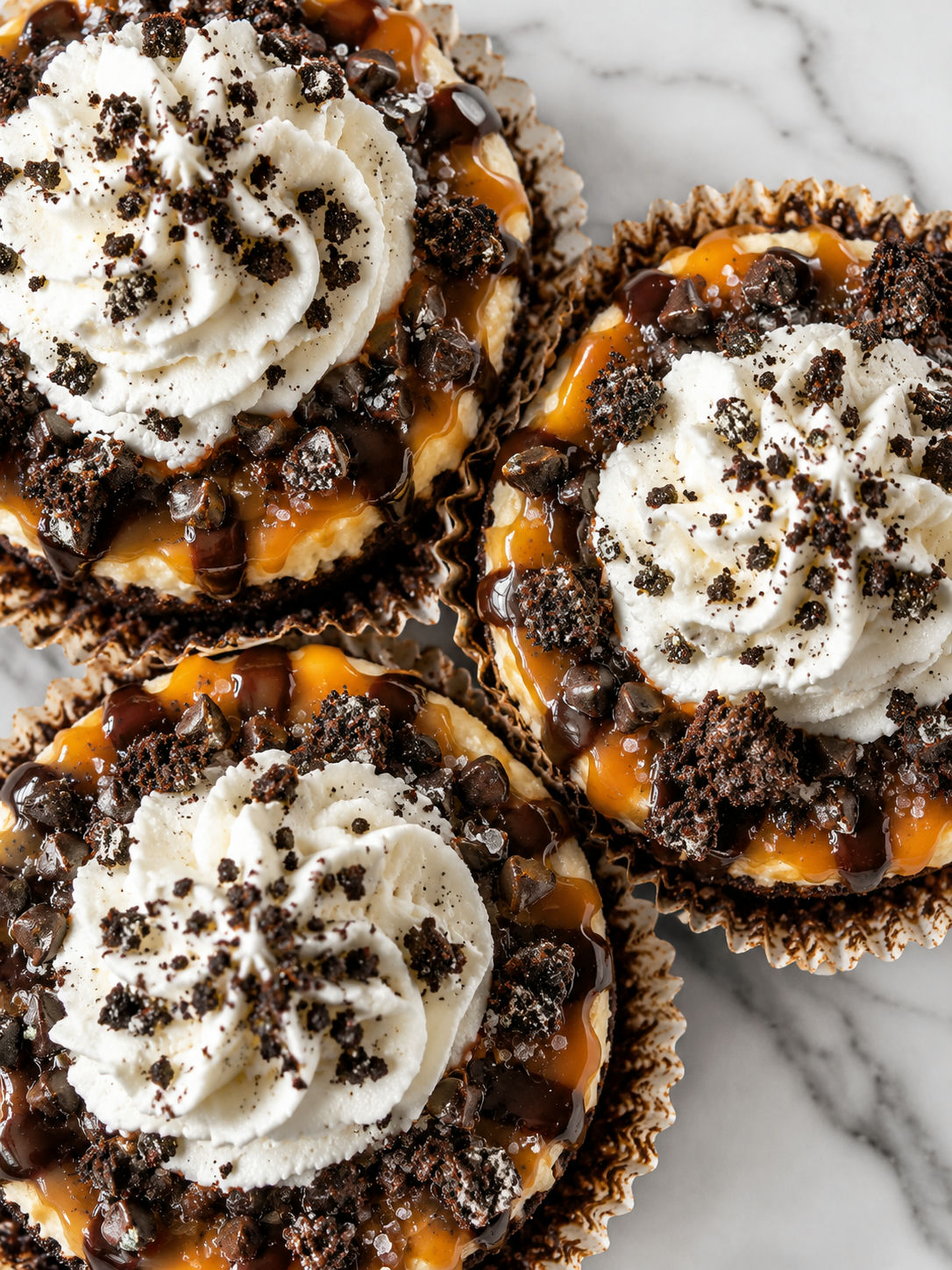 Three loaded brownie cheesecake cups with caramel, Oreos, and whipped cream from above