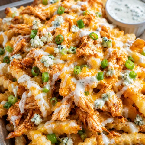 Loaded buffalo chicken fries with melted cheese, ranch, and green onions