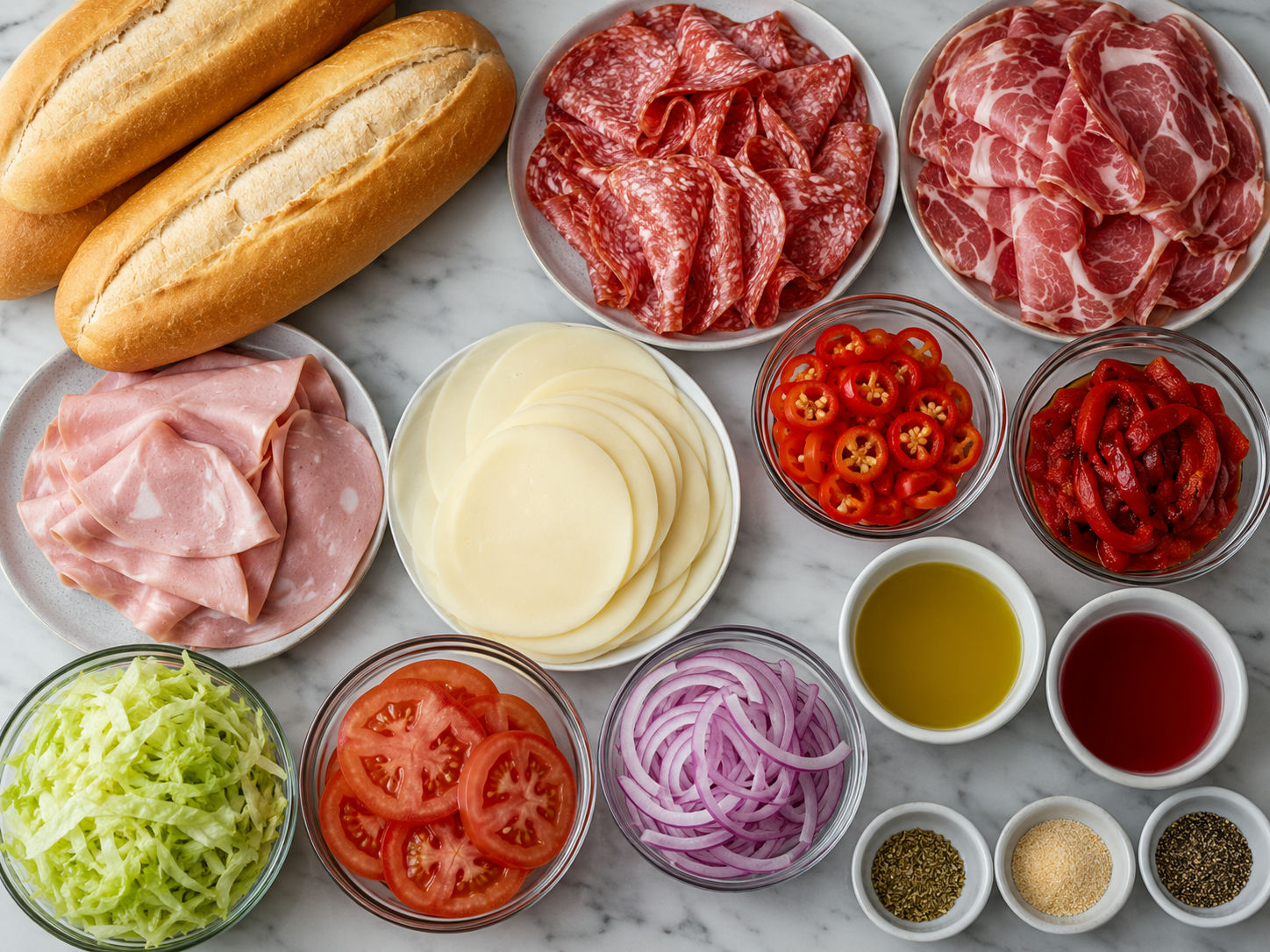 Ingredients for Calabrese hot subs with meats, provolone, lettuce, and peppers