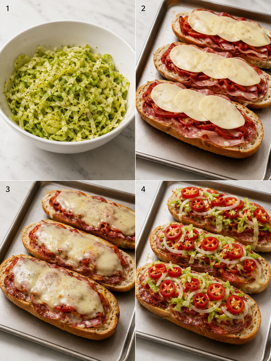 Four steps for making Calabrese hot subs with melted cheese and peppers