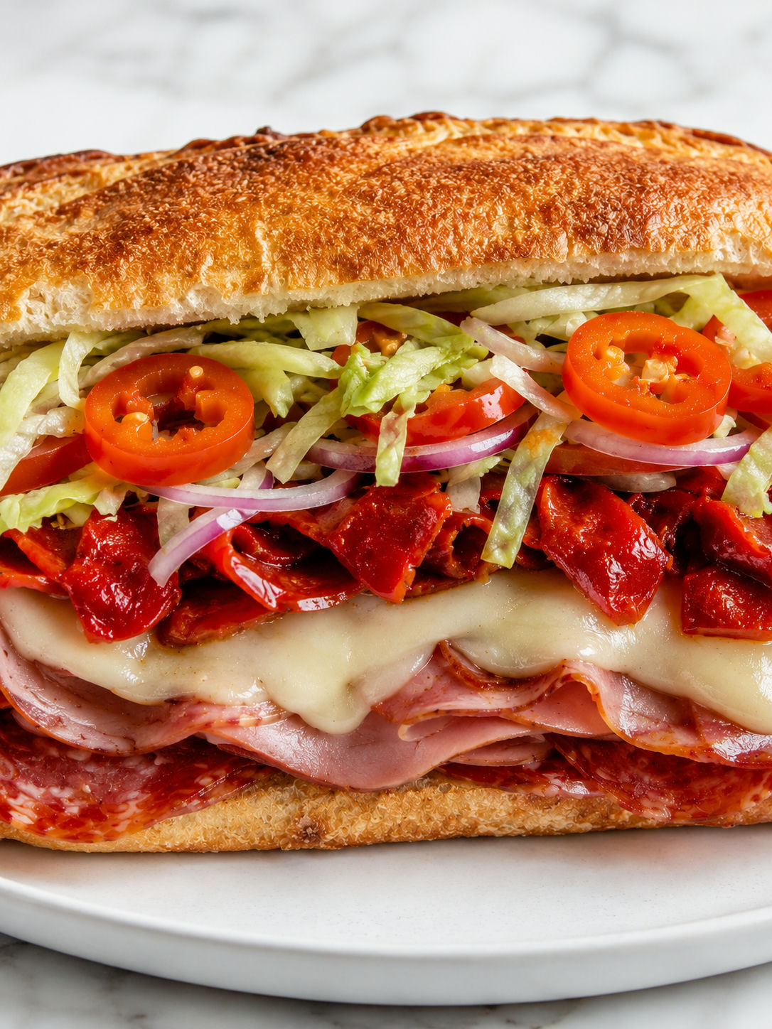 Loaded Calabrese hot sub packed with provolone, lettuce, and cherry peppers