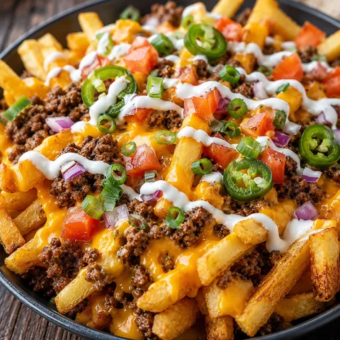 Loaded cheese fries with beef, cheddar, sour cream, tomatoes, and jalapenos